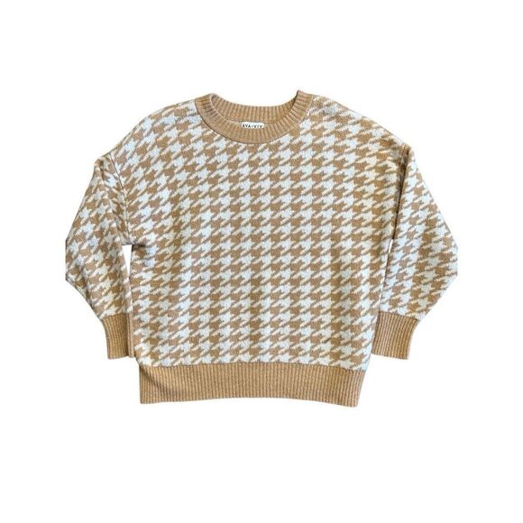 Ava & VIV Women’s Houndstooth Tan White Pullover Long Sleeve Crewneck Sweater - Picture 1 of 6